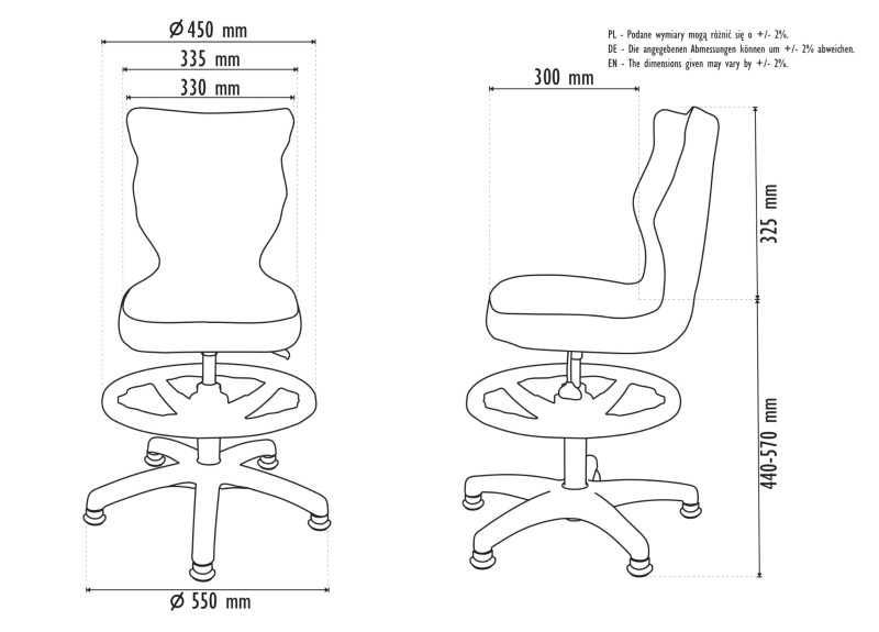 Fotel biurowy z podnóżkiem Petit B Jasmine dziecięcy wzrost 119-142 cm Wymiary
