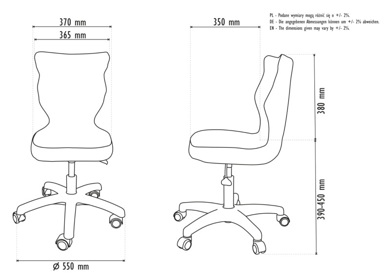 Fotel biurowy Petit W Storia dziecięcy wzrost 133-159 cm Wymiary