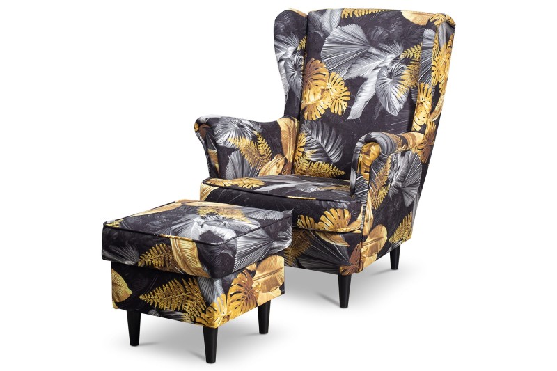 Fotel uszak Lily Kwiaty w stylu skandynawskim z podnóżkiem