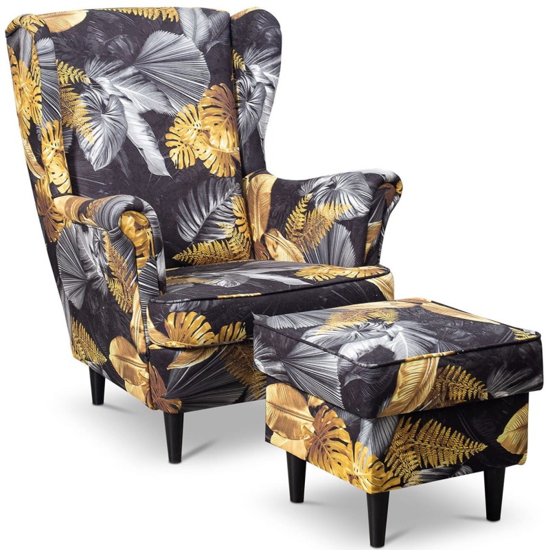 Fotel uszak Lily Kwiaty z podnóżkiem w stylu skandynawskim