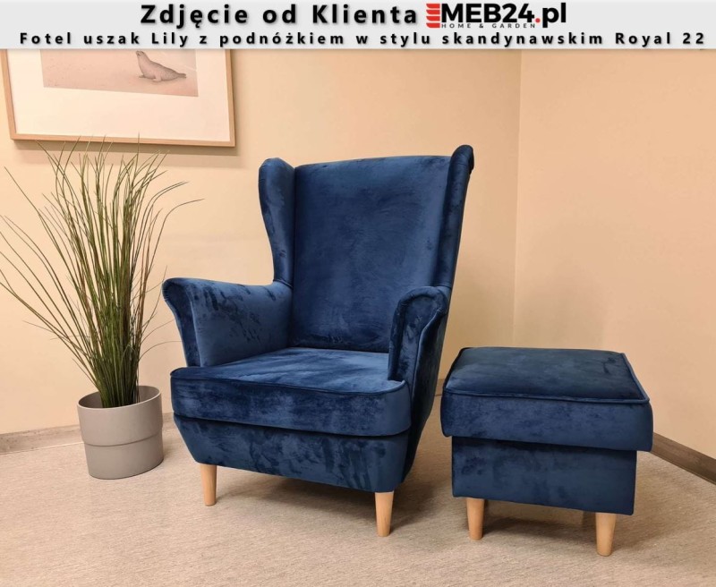 Fotel uszak Lily z podnóżkiem w stylu skandynawskim - zdjęcie klienta