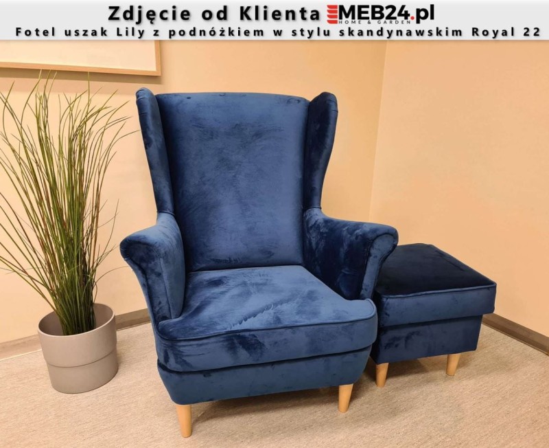 Fotel uszak Lily z podnóżkiem w stylu skandynawskim - zdjęcie klienta