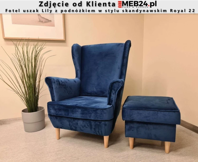 Fotel uszak Lily z podnóżkiem w stylu skandynawskim - zdjęcie klienta