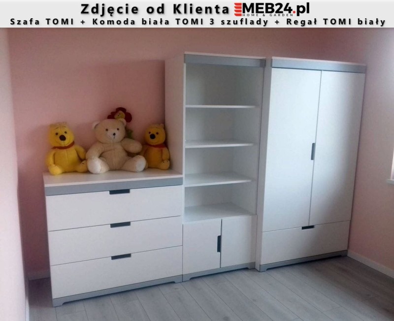 Regał TOMI biały + Komoda TOMI 3 szuflady + Szafa lakierowana TOMI biała - zdjęcie klienta