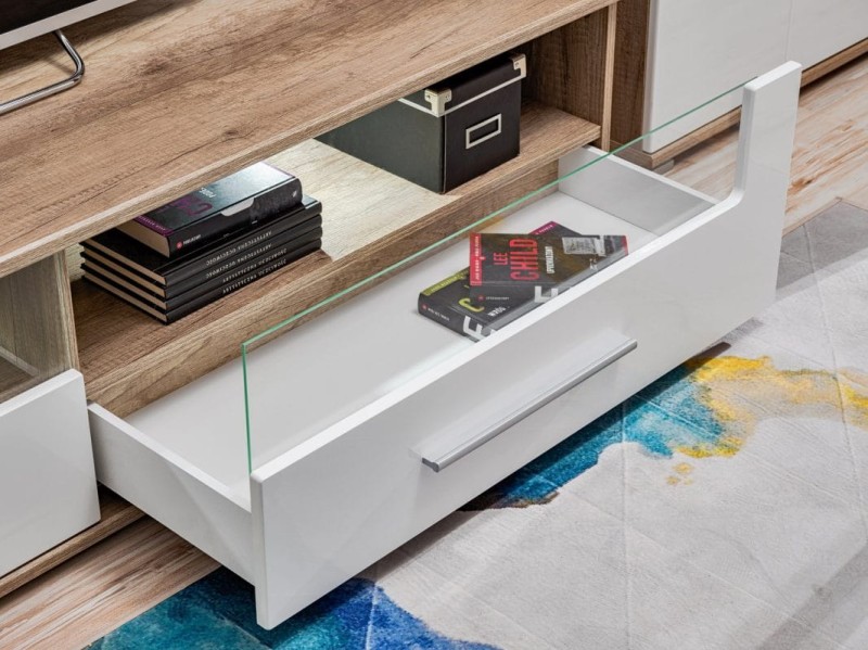 Szafka RTV SANDER dąb monument & biały MDF połysk