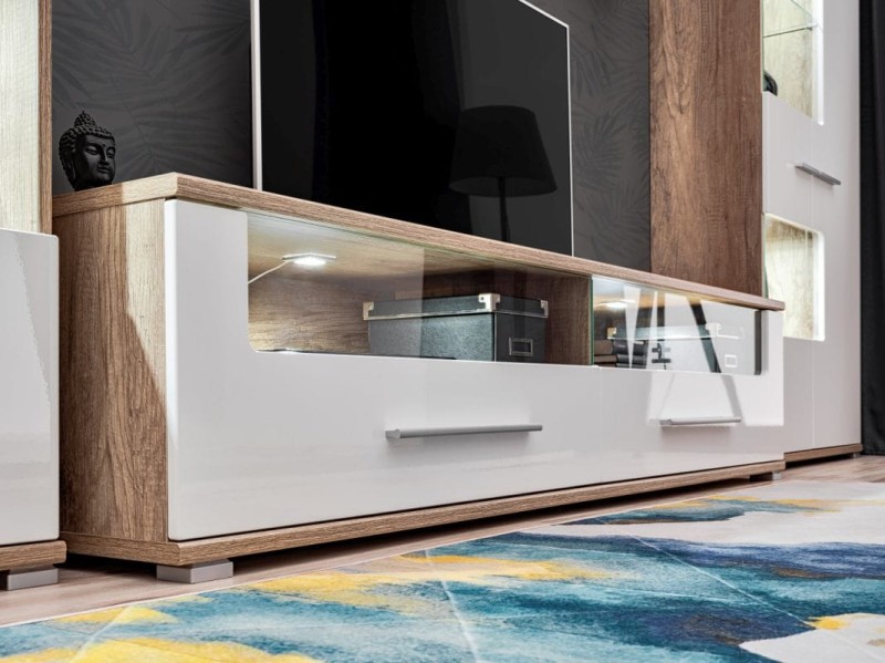 Szafka RTV SANDER dąb monument & biały MDF połysk