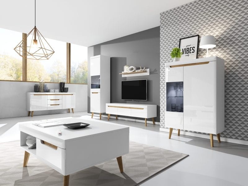 Szafka RTV Nordi 160cm biały połysk / dąb riviera