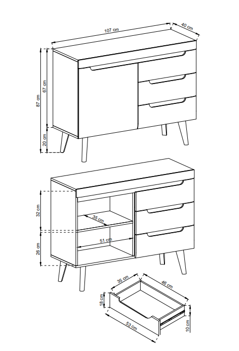 Komoda wąska Nordi biały / dąb riviera