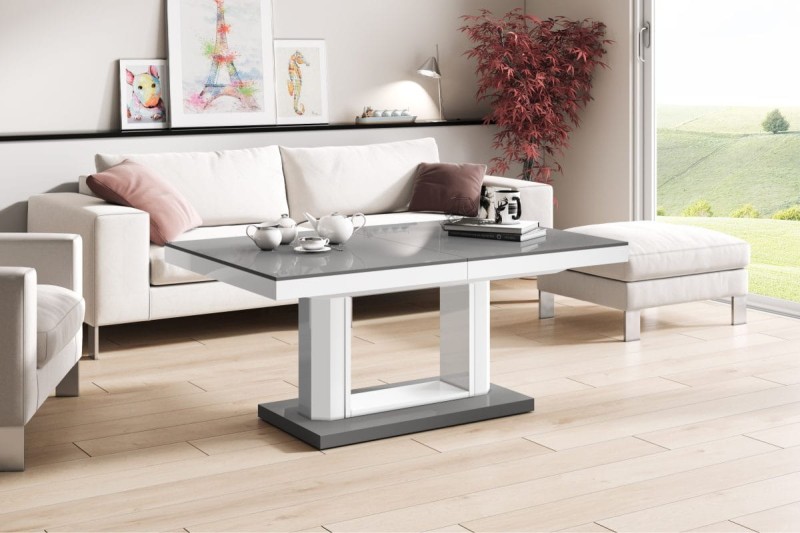 Ławostół podnoszony rozkładany QUADRO LUX 120 - 170 cm Szaro-biały połysk