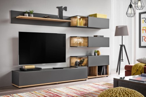Meblościanka Silk 240 cm zestaw 6 elementów z oświetleniem LED do salonu antracyt