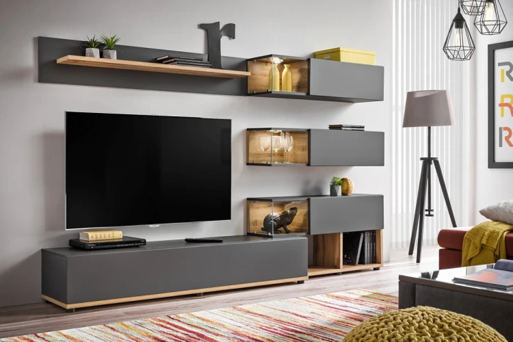 Meblościanka Silk 240 cm zestaw 6 elementów z oświetleniem LED do salonu antracyt