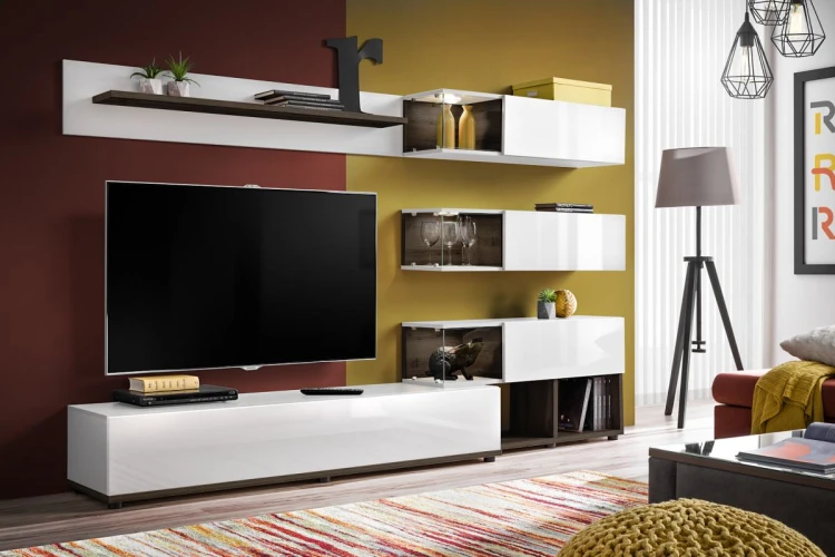 Meblościanka Silk 240 cm zestaw 6 elementów z oświetleniem LED do salonu biały
